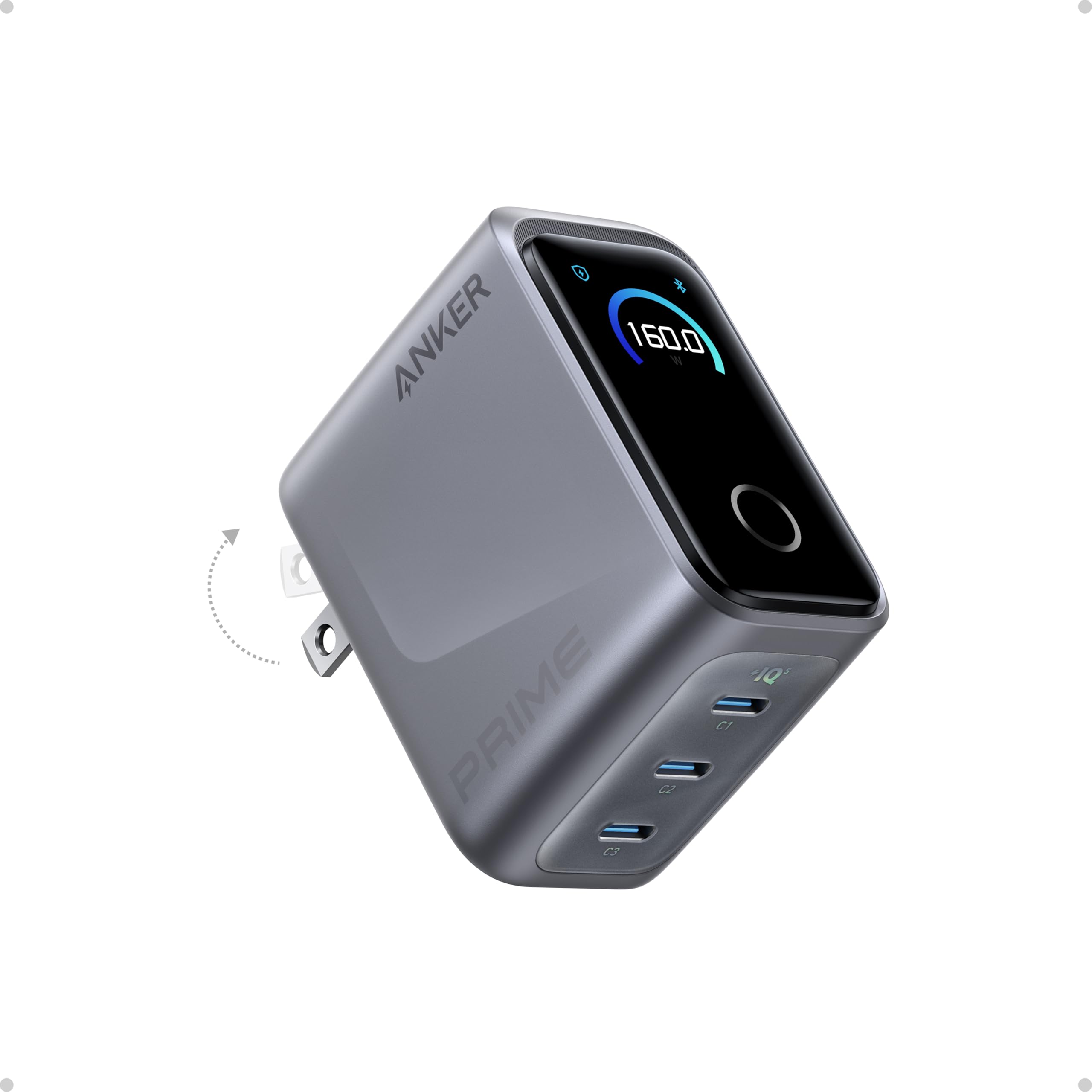 Anker Prime Charger,160W 3-Port Compact GaN USB C Charger,Smart Display,Touch Control,Up to 140W Fast Charging for One Device,for MacBook Pro,Laptop,iPhone 17 Series(Cable Not Included,Non-Battery)